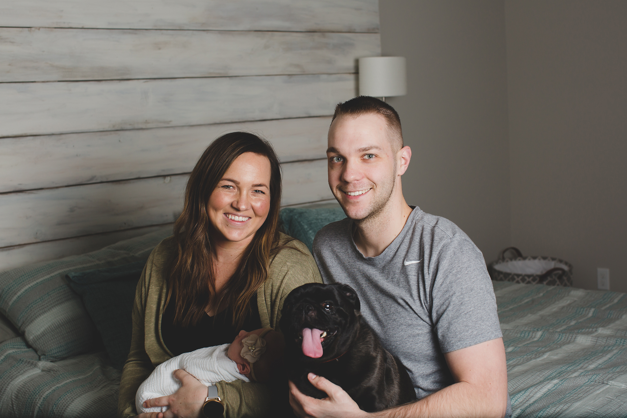 Baby Myla lifestyle newborn session at home with her parents and dog
